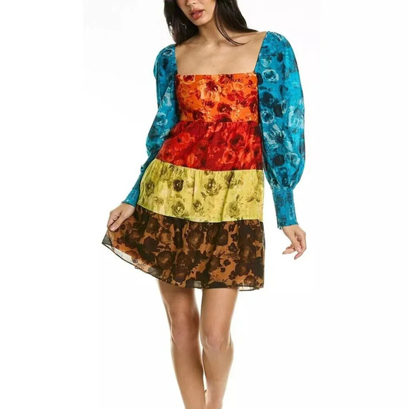 ALICE & OLIVIA ROWAN TIERED MULTI COLOR BABY-DOLL DRESS. SZ: XS - Picture 1 of 12